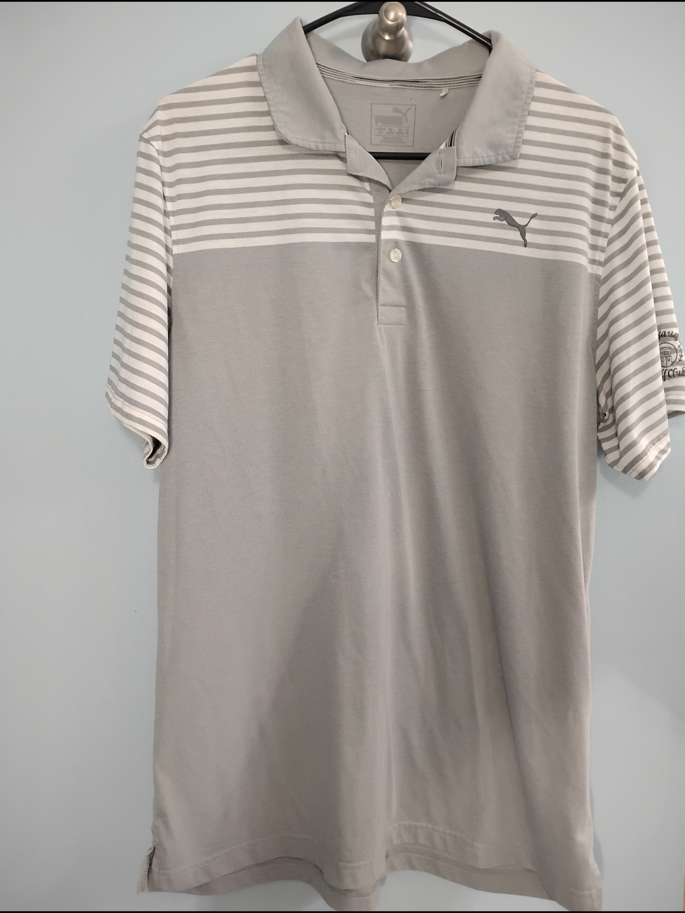 Puma Men’s Light Gray Striped Polo Size Large